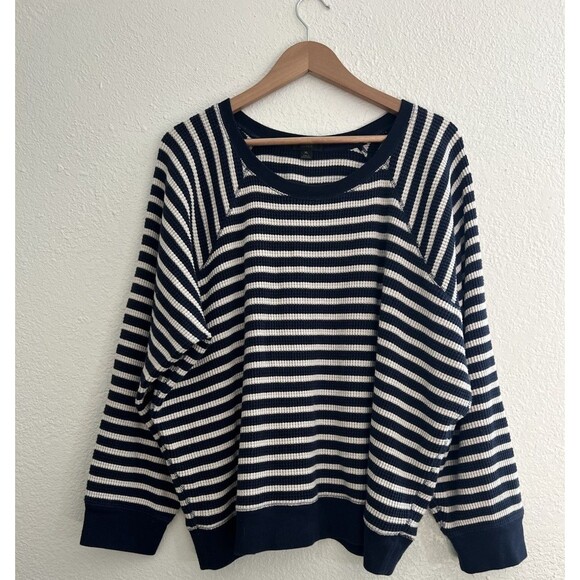 J Crew Waffle Knit Navy Stripe Sweater Relaxed Women XL Nautical Cotton - Picture 2 of 8